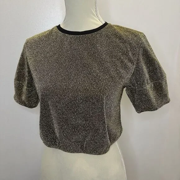 Forever 21 Gold Shimmer Puff Sleeve Crop Top Dress Shirt Size S Sparkle Glam - Picture 4 of 12